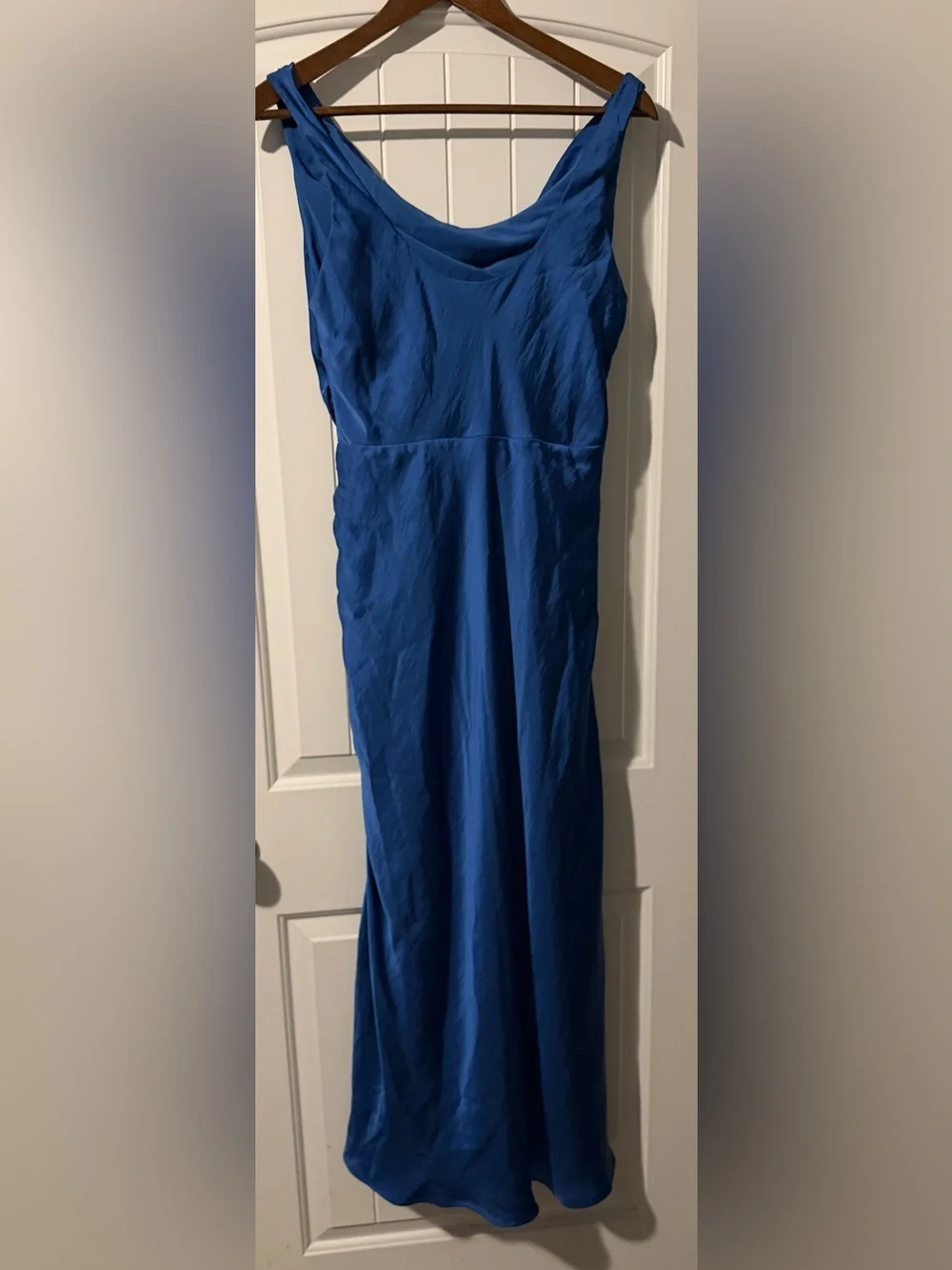 A&F Cowl Neck Draped Ruched Satin Maxi Dress - Dutch Blue MT